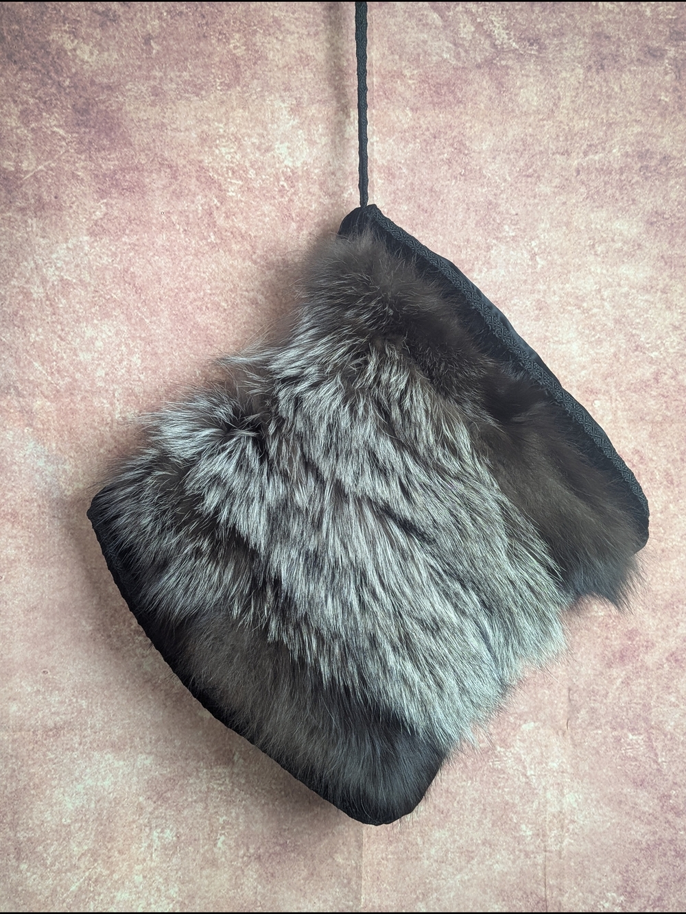 Vintage Black Velvet Fur Hand Muff Purse Wristlet 1940s 1950s Evening Bag